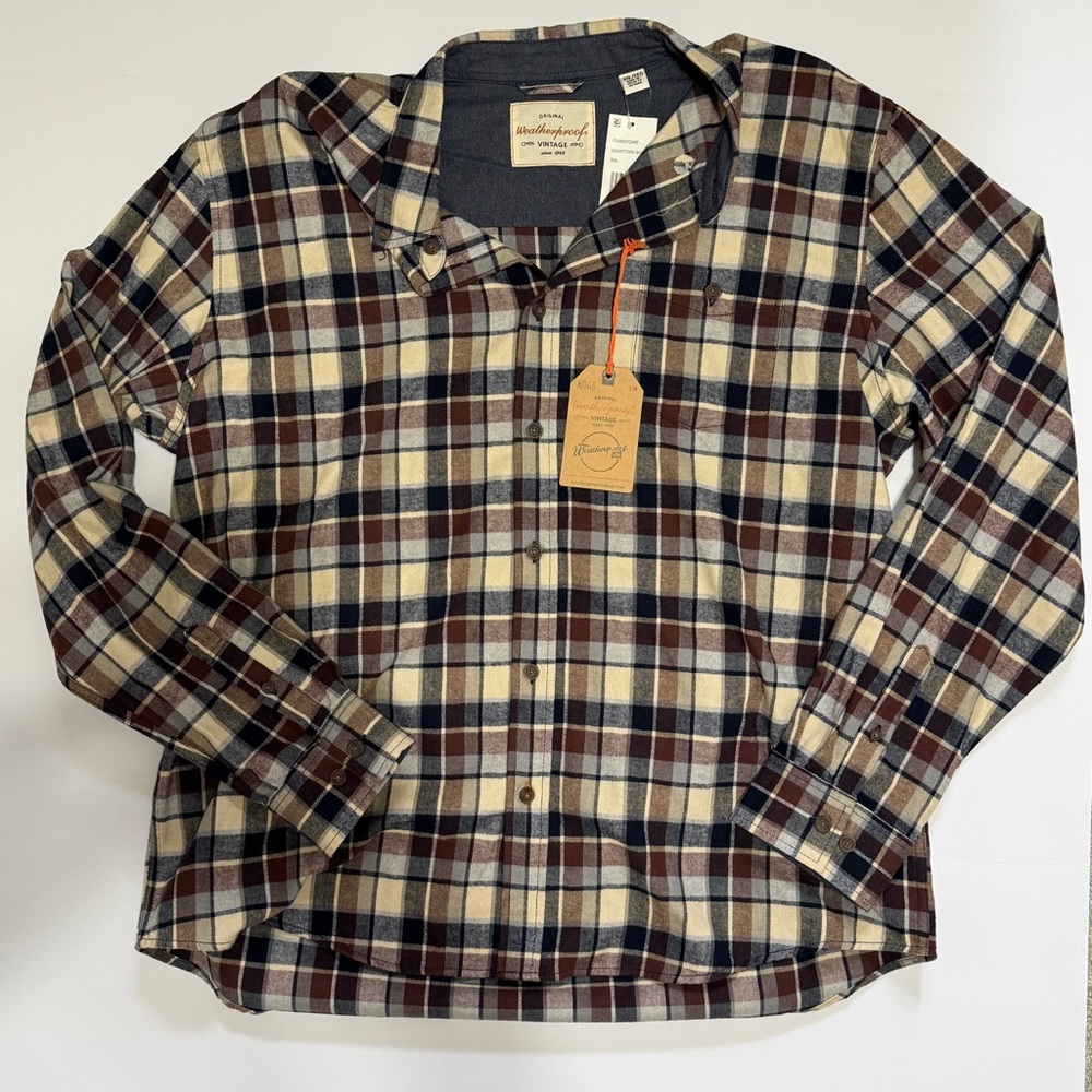 Original Weatherproof Vintage Mens Plaid Button-Down Shirt in Brown & Cream